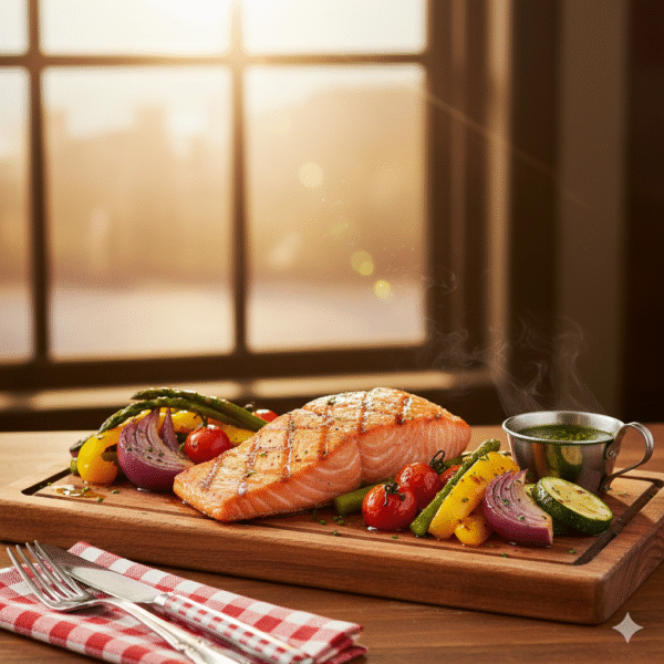 Salmón rosado a la plancha con vegetales asados Salmón rosado a la plancha con vegetales asados